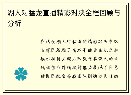 湖人对猛龙直播精彩对决全程回顾与分析